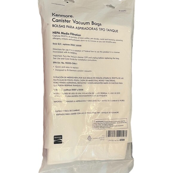 Kenmore Q/C Style Canister Vacuume Bags HEPA Media Filter 20-53292 6 Pack New - Picture 2 of 8